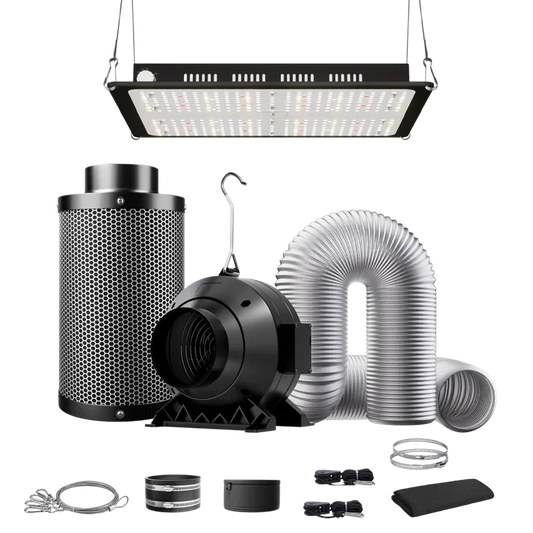 MIMEO hydroponics turnkey kit with LED grow light, inline fan, carbon filter, and ducting for indoor stealth growing