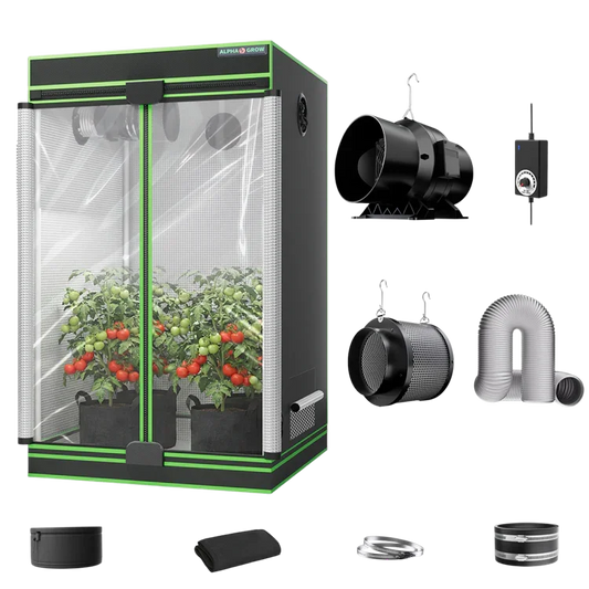 MIMEO indoor grow tent kit with LED light, inline fan, carbon filter, and hydroponic stealth growing setup