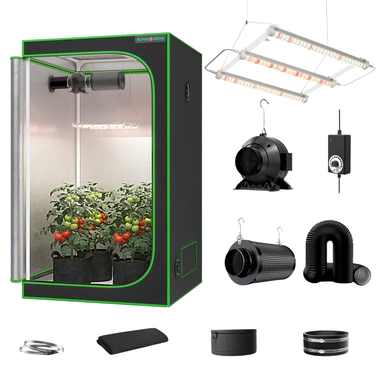 MIMEO indoor grow tent kit with LED light, inline fan, carbon filter, and stealth hydroponics setup for home gardening