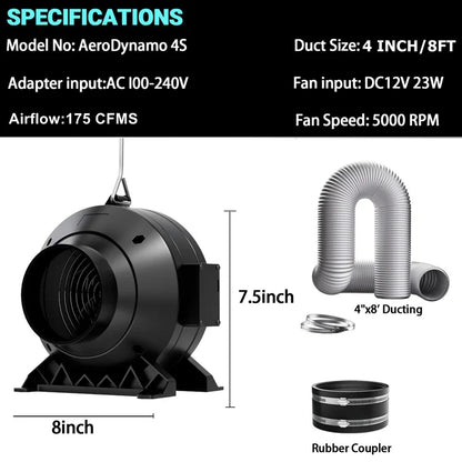 MIMEO AeroDynamo 4S inline fan with 4" ducting for hydroponics grow tents, 175 CFM airflow