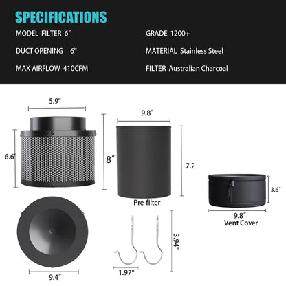 MIMEO 6" Carbon Filter for Indoor Grow Tents, Stainless Steel, Australian Charcoal, 410CFM