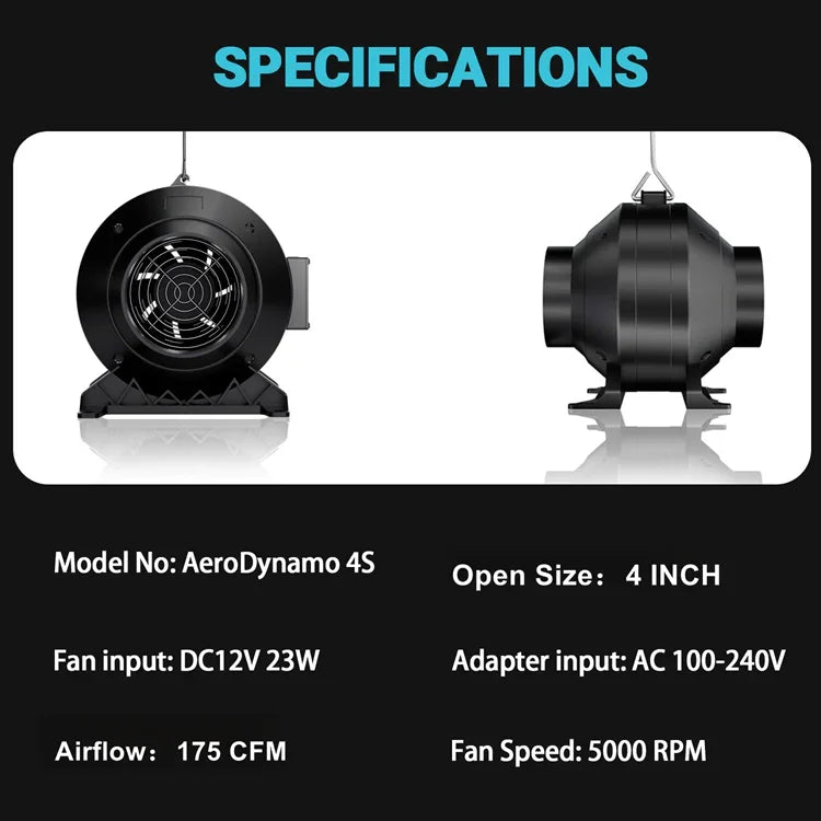 MIMEO AeroDynamo 4S 4-inch inline fan for hydroponics, 175 CFM airflow, stealth grow tent ventilation