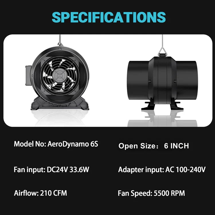 MIMEO AeroDynamo 6S inline fan for hydroponics, 6-inch, 210 CFM airflow, stealth grow tent ventilation