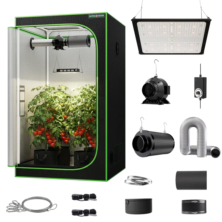 MIMEO indoor hydroponics grow tent kit with LED light, inline fan, carbon filter, and stealth growing equipment