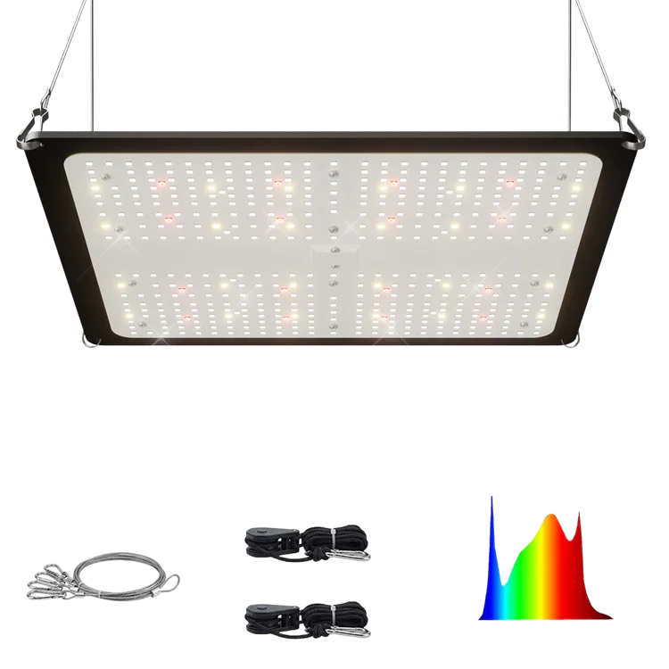 MIMEO LED Grow Light with full spectrum, hanging kit, and spectral graph for indoor hydroponics