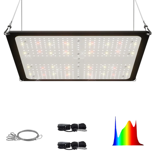MIMEO LED Grow Light with full spectrum, hanging kit, and spectral graph for indoor hydroponics