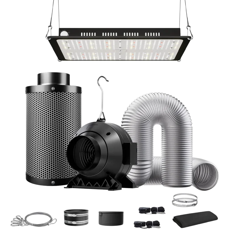 MIMEO indoor hydroponics kit with LED grow light, inline fan, carbon filter, and ducting for stealth growing