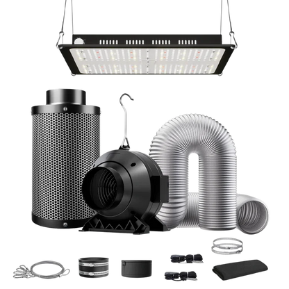 MIMEO indoor hydroponics kit with LED grow light, inline fan, carbon filter, and ducting for stealth growing