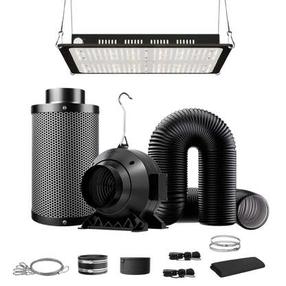 MIMEO indoor hydroponics kit with LED grow light, inline fan, carbon filter, and ducting for stealth growing