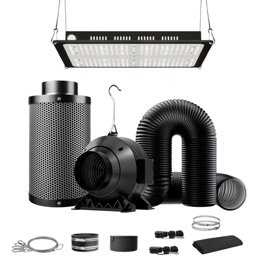 MIMEO indoor hydroponics kit with LED grow light, inline fan, carbon filter, and ducting for stealth growing