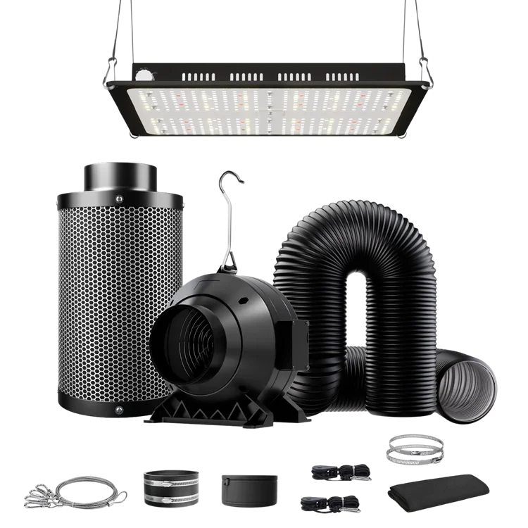 MIMEO indoor hydroponics kit with LED grow light, carbon filter, inline fan, and ducting for stealth growing