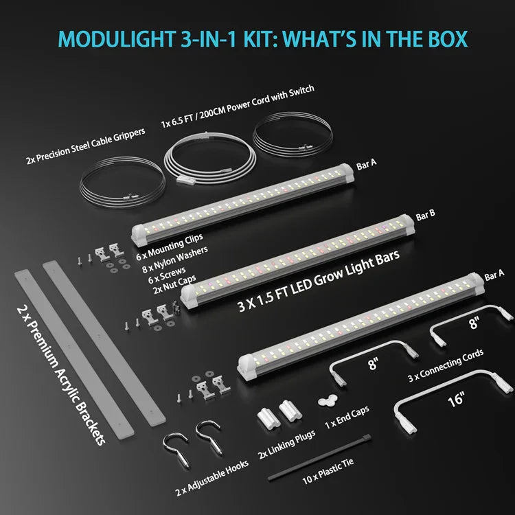 MIMEO ModuLight 3-in-1 LED Grow Light Kit with bars, brackets, and connectors for indoor hydroponics