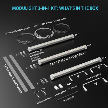 MIMEO ModuLight 3-in-1 LED Grow Light Kit with bars, brackets, and connectors for indoor hydroponics
