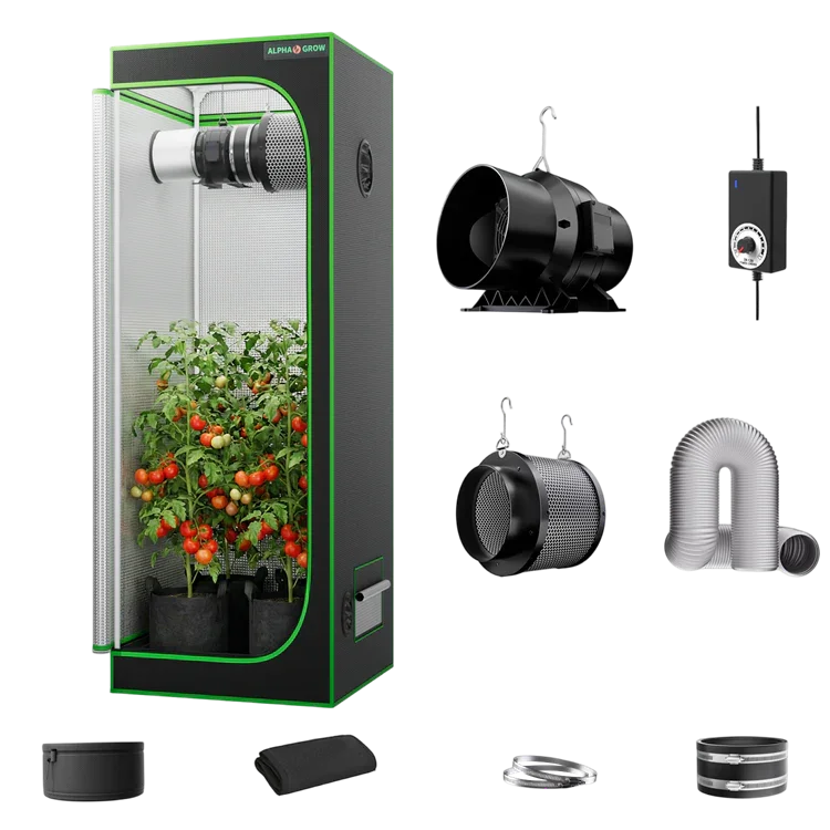 MIMEO indoor grow tent with LED grow light, inline fan, carbon filter, and turnkey hydroponics kit components