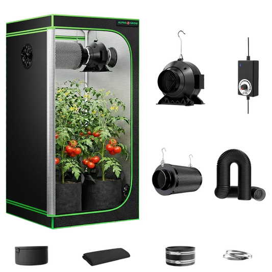 MIMEO indoor hydroponics grow tent kit with LED light, inline fan, carbon filter, and stealth growing equipment