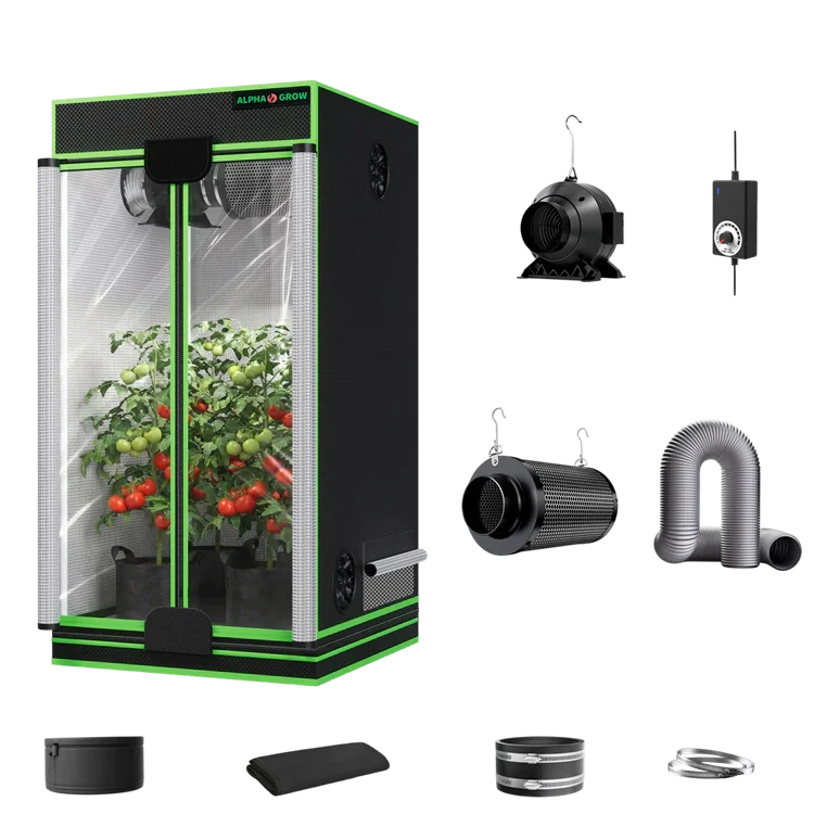 MIMEO indoor hydroponics grow tent kit with LED light, inline fan, carbon filter, and stealth growing accessories