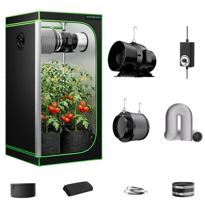 MIMEO indoor grow tent with LED light, inline fan, carbon filter, and turnkey hydroponics kit components