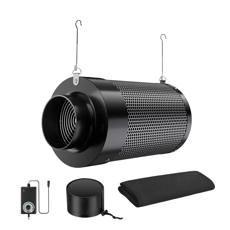 MIMEO carbon filter with inline fan, controller, and accessories for stealth indoor hydroponics grow tents