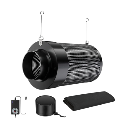 MIMEO carbon filter with inline fan, controller, and accessories for stealth indoor hydroponics grow tents