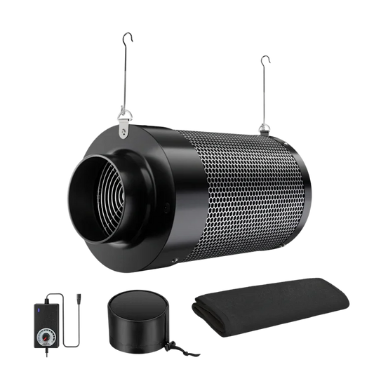 MIMEO carbon filter with inline fan, controller, and accessories for stealth indoor hydroponics grow tents