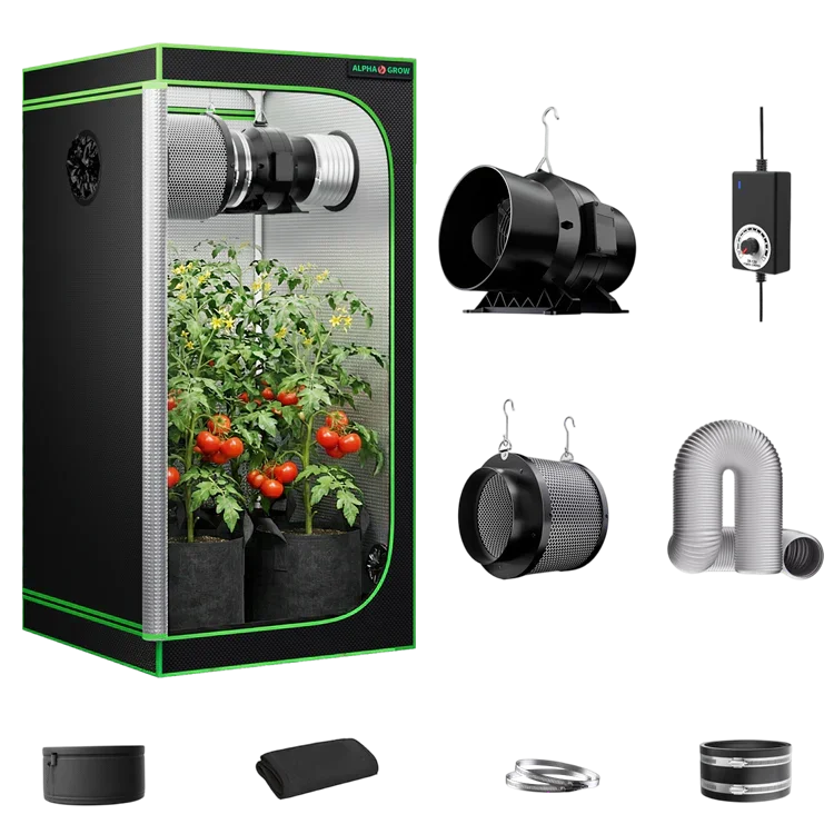 MIMEO indoor grow tent kit with LED light, inline fan, carbon filter, and hydroponic stealth growing equipment