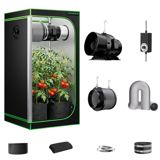 MIMEO indoor grow tent kit with LED light, inline fan, carbon filter, and hydroponic stealth growing equipment