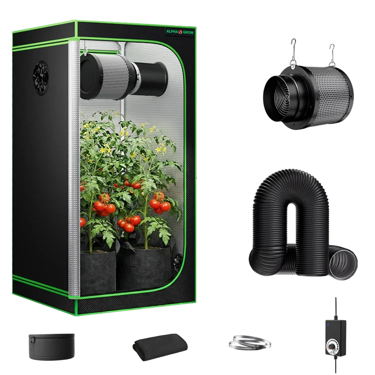 MIMEO indoor grow tent with LED light, carbon filter, and inline fan for hydroponic stealth growing