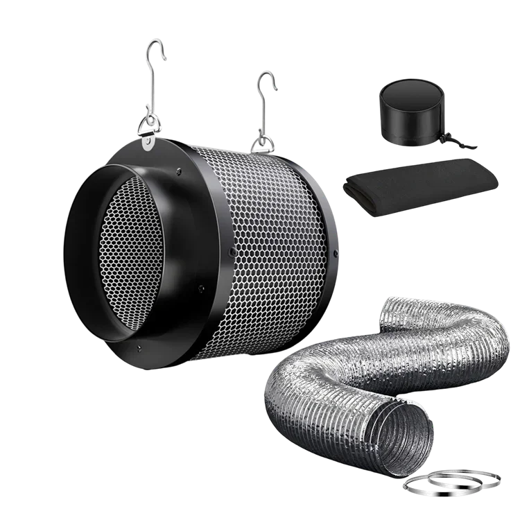 MIMEO carbon filter with ducting, inline fan components for stealth indoor hydroponics grow setup