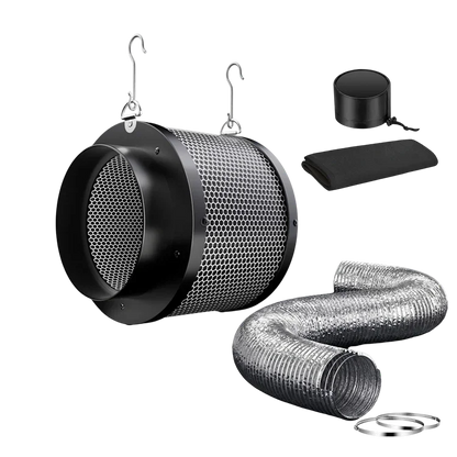 MIMEO carbon filter with ducting, inline fan components for stealth indoor hydroponics grow setup