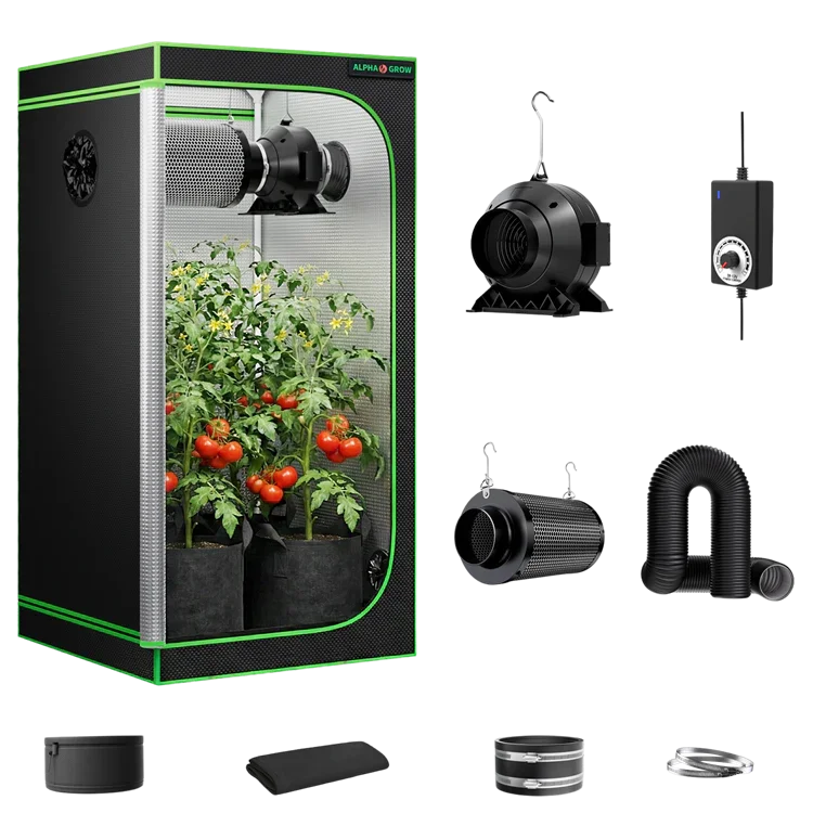 MIMEO indoor hydroponics grow tent kit with LED light, inline fan, carbon filter, and stealth growing equipment