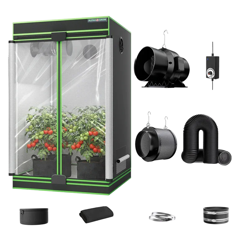 MIMEO indoor grow tent with LED light, inline fan, carbon filter, and turnkey hydroponics kit for stealth plant cultivation
