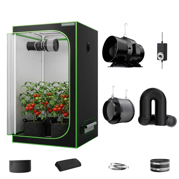 MIMEO indoor hydroponics grow tent kit with LED light, inline fan & carbon filter for stealth plant cultivation