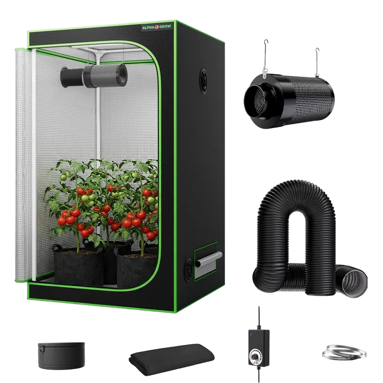 MIMEO indoor grow tent kit with LED light, inline fan, carbon filter, and hydroponic setup for stealth gardening