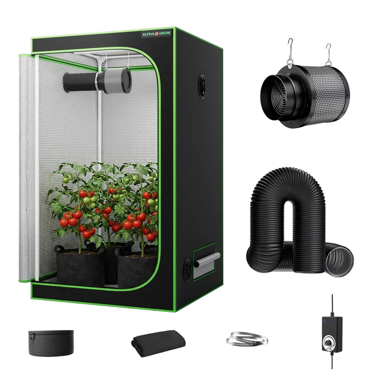 MIMEO indoor grow tent kit with LED light, inline fan, carbon filter, and hydroponics setup for stealth gardening