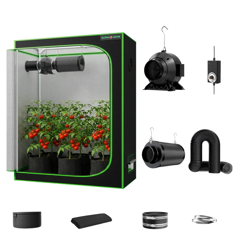 MIMEO hydroponic grow tent kit with LED light, inline fan, carbon filter, and stealth indoor gardening components