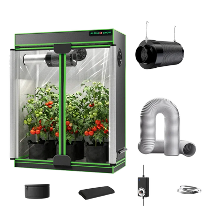 MIMEO indoor hydroponics grow tent kit with LED light, inline fan, carbon filter, and ducting for stealth plant cultivation