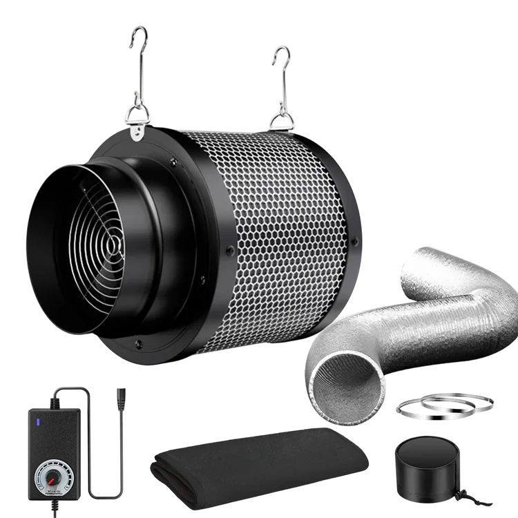 MIMEO inline fan with carbon filter, ducting, and controller for stealth indoor hydroponics grow setups