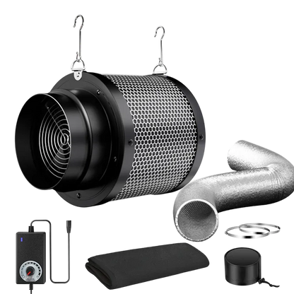 MIMEO inline fan with carbon filter, ducting, and controller for stealth indoor hydroponics grow setups