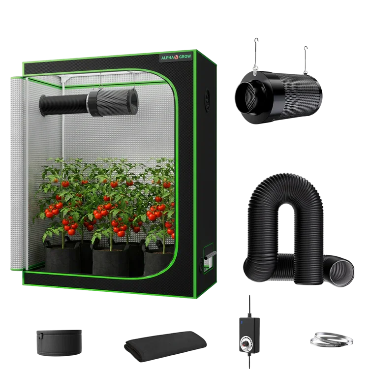 MIMEO indoor grow tent kit with LED light, carbon filter, inline fan, and ducting for hydroponic stealth growing