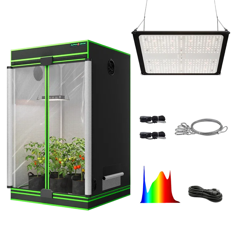 MIMEO indoor grow tent with LED grow light, hydroponic setup, and turnkey kit components for stealth gardening