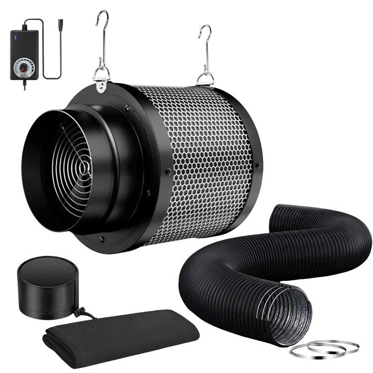 MIMEO inline fan with carbon filter, ducting, and controller for stealth indoor hydroponics grow setups