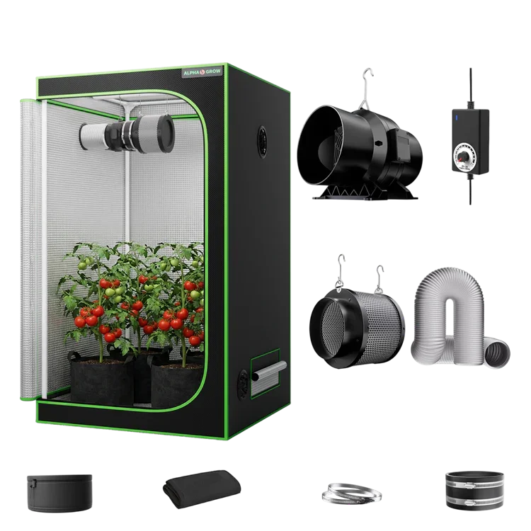MIMEO indoor grow tent kit with LED light, inline fan, carbon filter, and hydroponic setup for stealth gardening