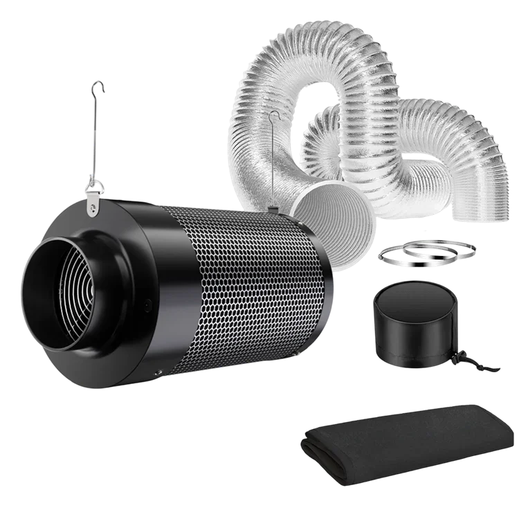 MIMEO carbon filter with inline fan, ducting, and stealth grow kit accessories for indoor hydroponics