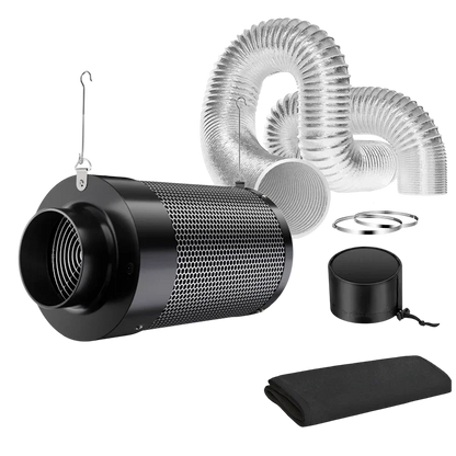 MIMEO carbon filter with inline fan, ducting, and stealth grow kit accessories for indoor hydroponics