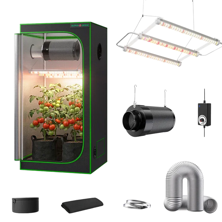 MIMEO indoor hydroponics grow tent kit with LED light, inline fan, carbon filter, and stealth growing equipment
