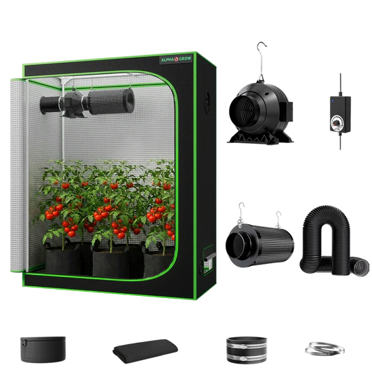 MIMEO indoor hydroponics grow tent kit with LED light, inline fan, carbon filter, and stealth growing accessories