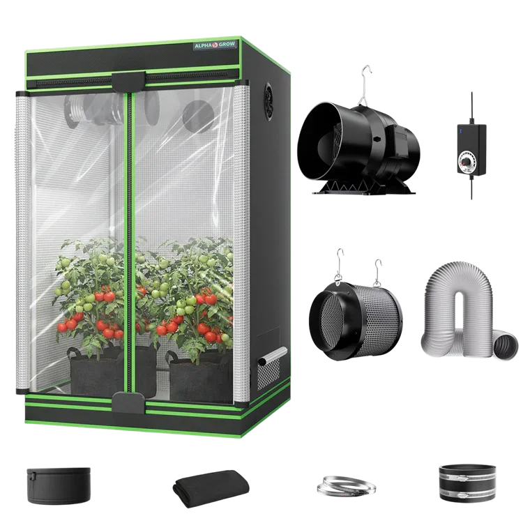 MIMEO indoor grow tent kit with LED light, inline fan, carbon filter, and hydroponic stealth growing setup