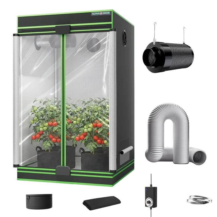 MIMEO indoor grow tent with LED light, inline fan, carbon filter, and turnkey hydroponics kit for stealth gardening