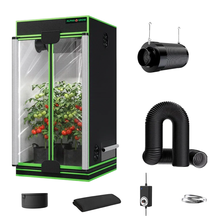 MIMEO indoor grow tent kit with LED light, carbon filter, and inline fan for stealth hydroponics