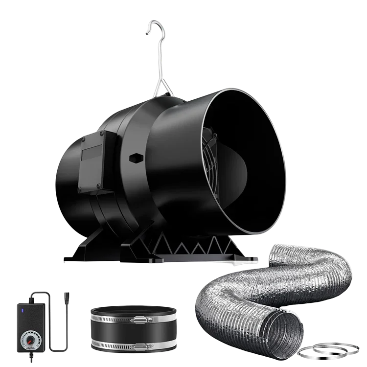 MIMEO inline fan with ducting, speed controller, and clamps for hydroponic grow tents